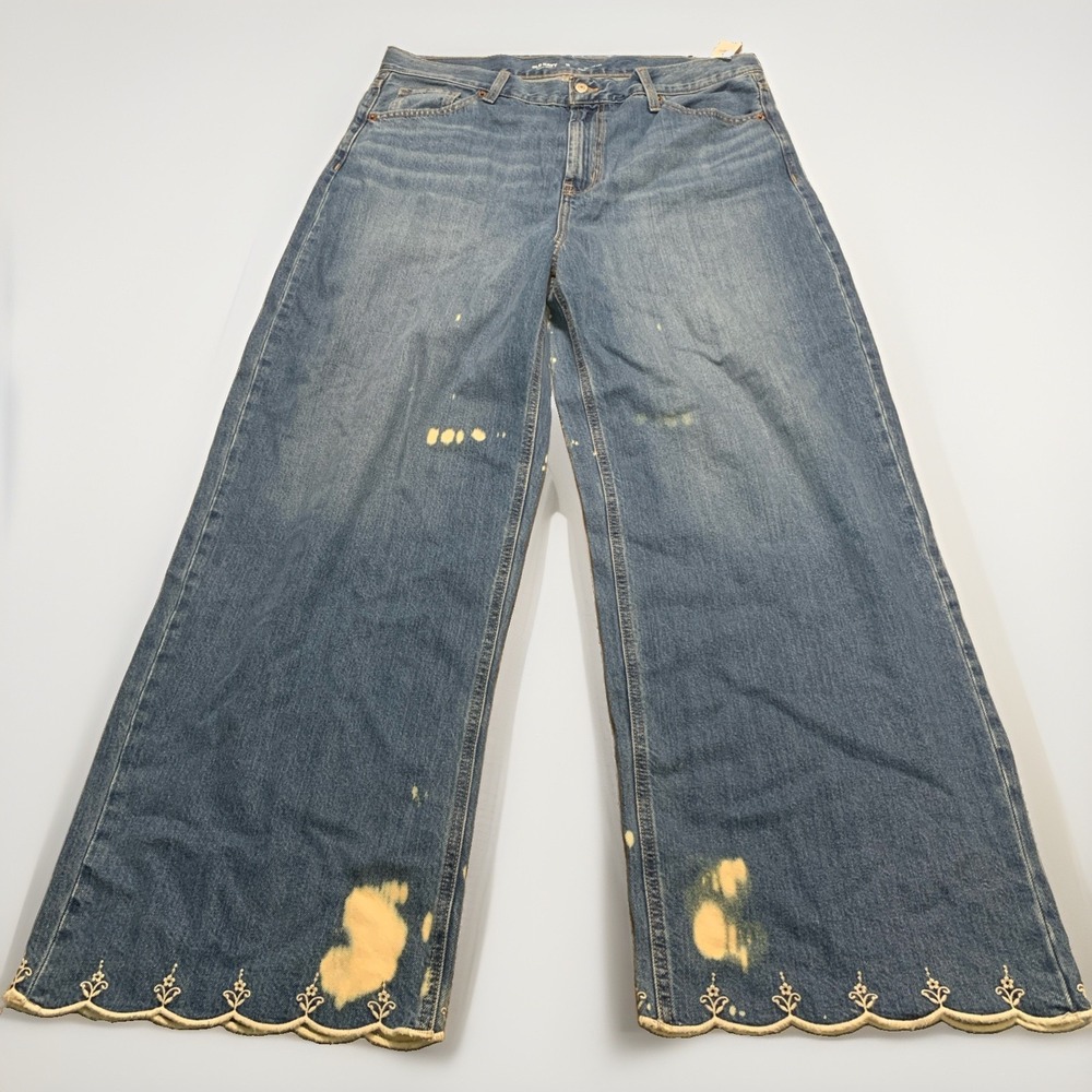 NWT Reworked Old Navy Baggy Wide Leg Jeans Bleach Splatter Scallop Hem 14 Tall